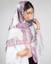 روسری زنانه طوسی صورتی طرح اسب - سفید - رو به رو