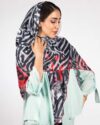 روسری زنانه مشکی قرمز طرح دار -طوسی کمرنگ - رو به رو