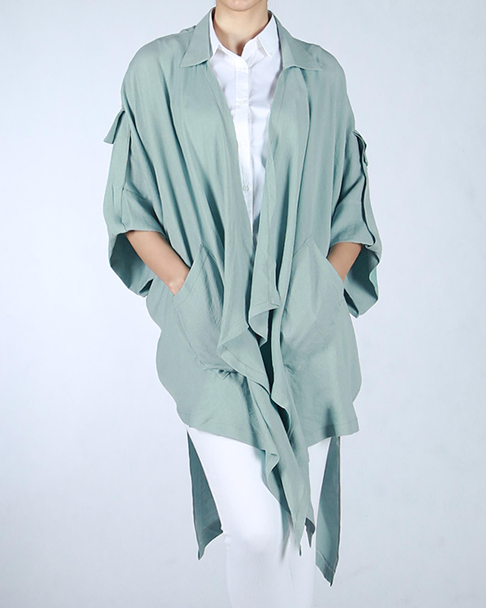 مانتو تابستانی نخی ساده - سبزآبی روشن - رو به رو