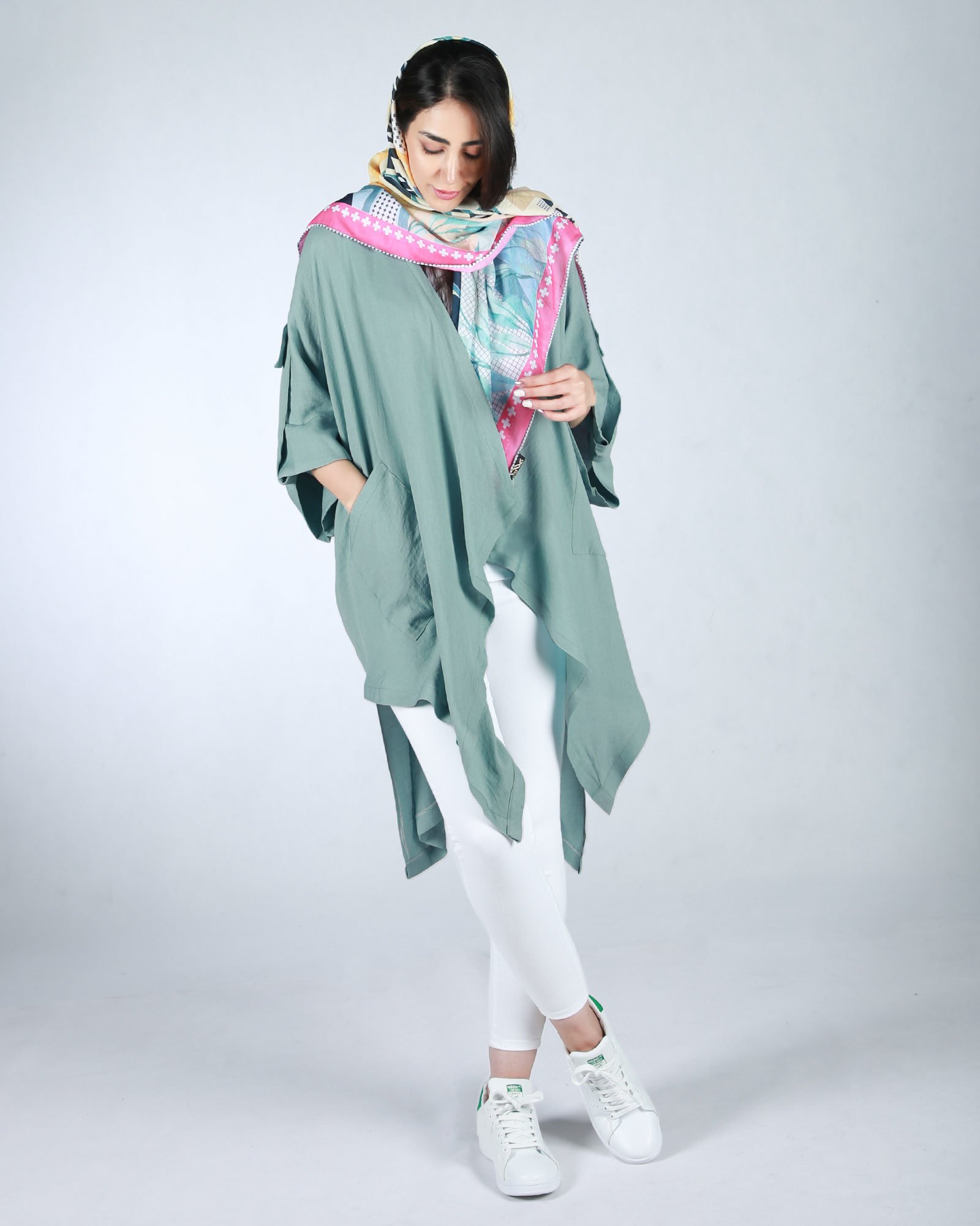 مانتو تابستانی نخی ساده - سبزآبی روشن - محیطی