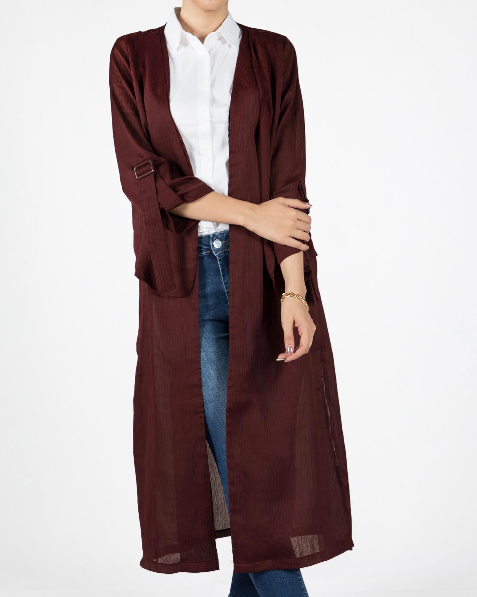 مانتو حریر مجلسی بلند زنانه - بادمجانی - رو به رو