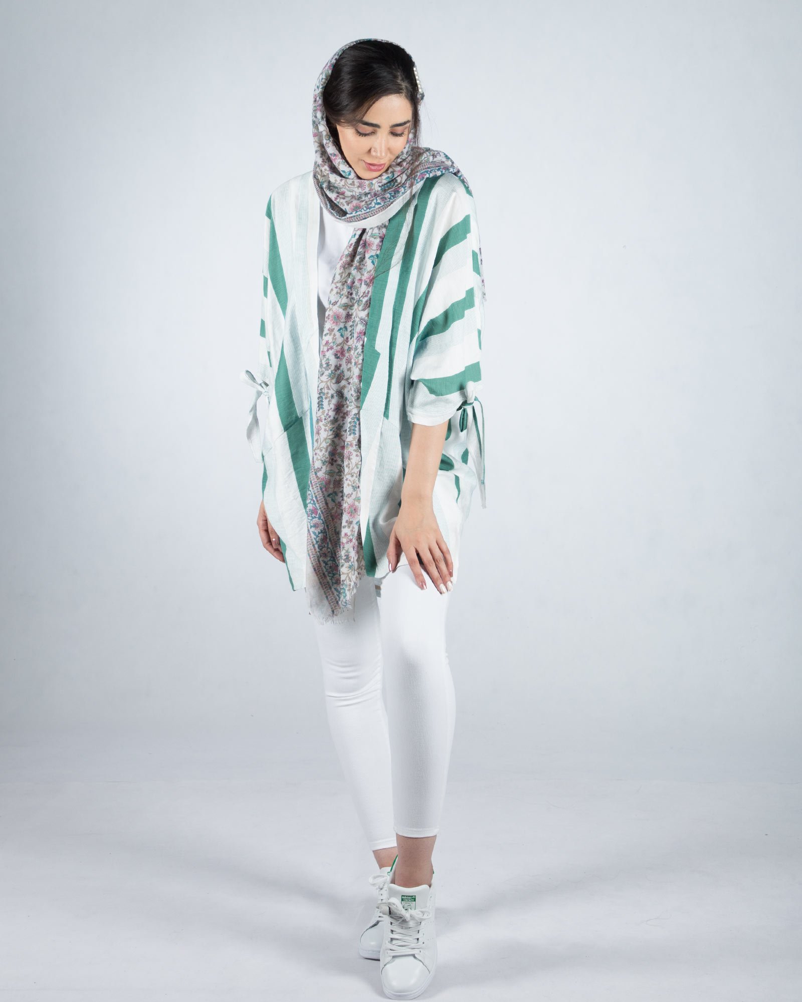 مانتو کوتاه راه راه زنانه - سبز دریایی - مانتو جلو باز