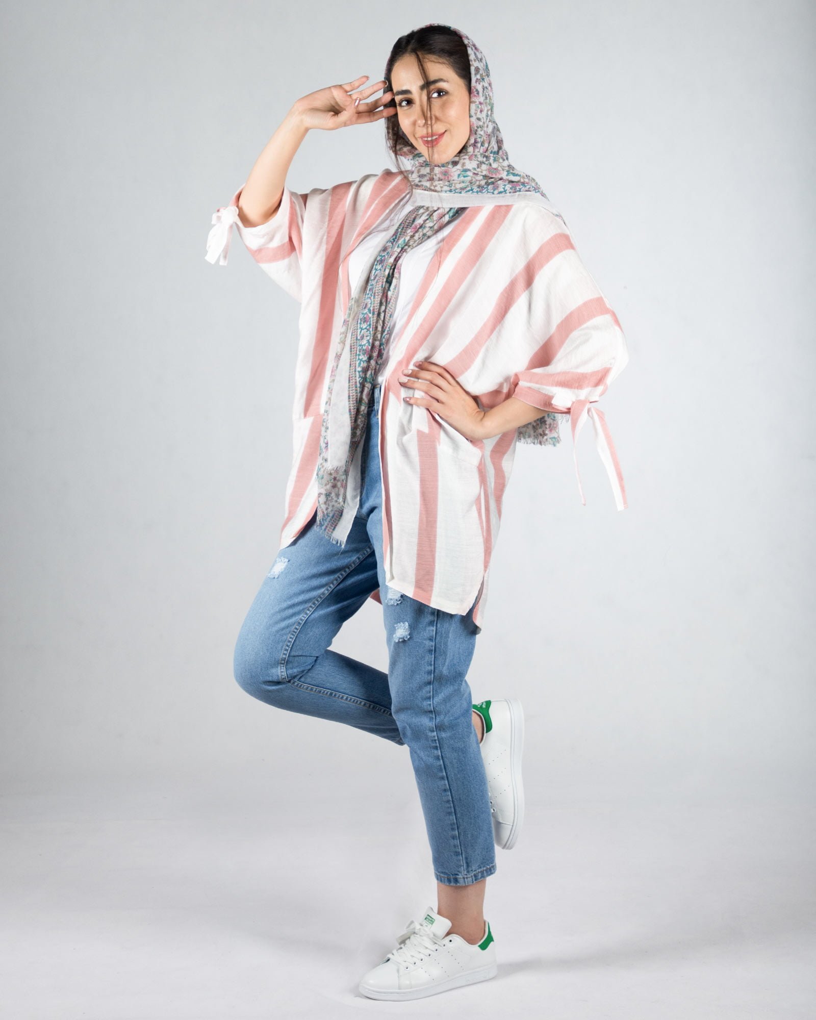 مانتو کوتاه راه راه زنانه - صورتی کثیف - مانتو جلو باز