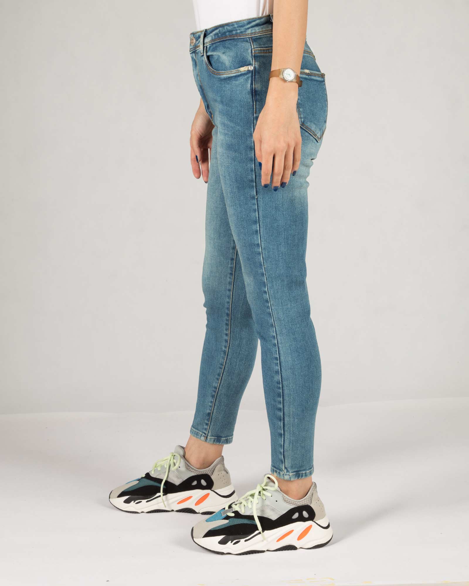 شلوار جین جذب زنانه ساده - آبی - بغل