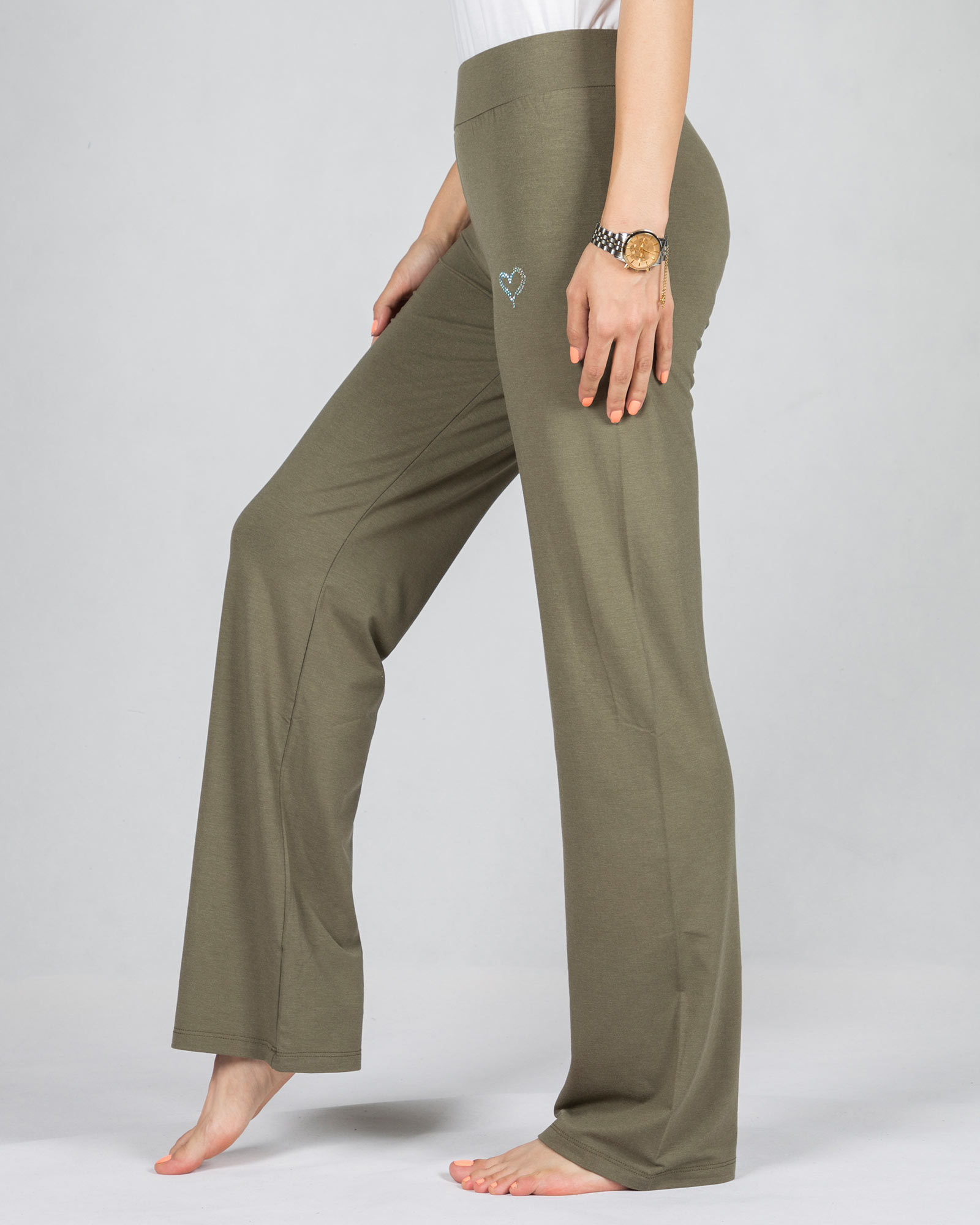 شلوار نخی راحتی زنانه - زیتونی - بغل