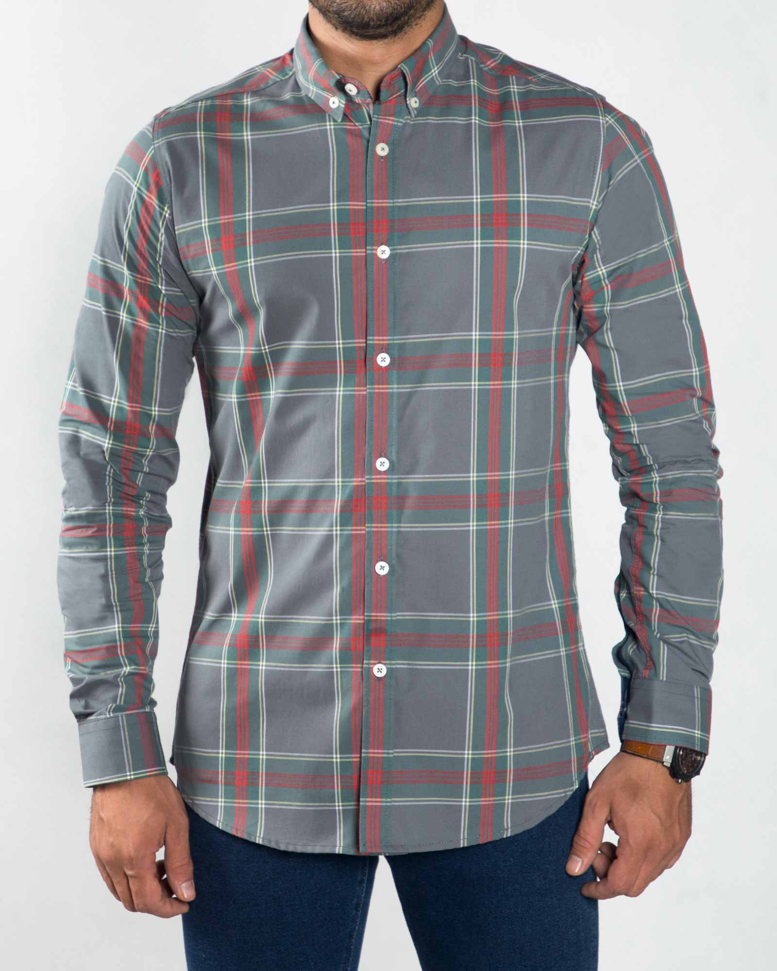 پیراهن مردانه چهارخانه درشت - طوسی - رو به رو