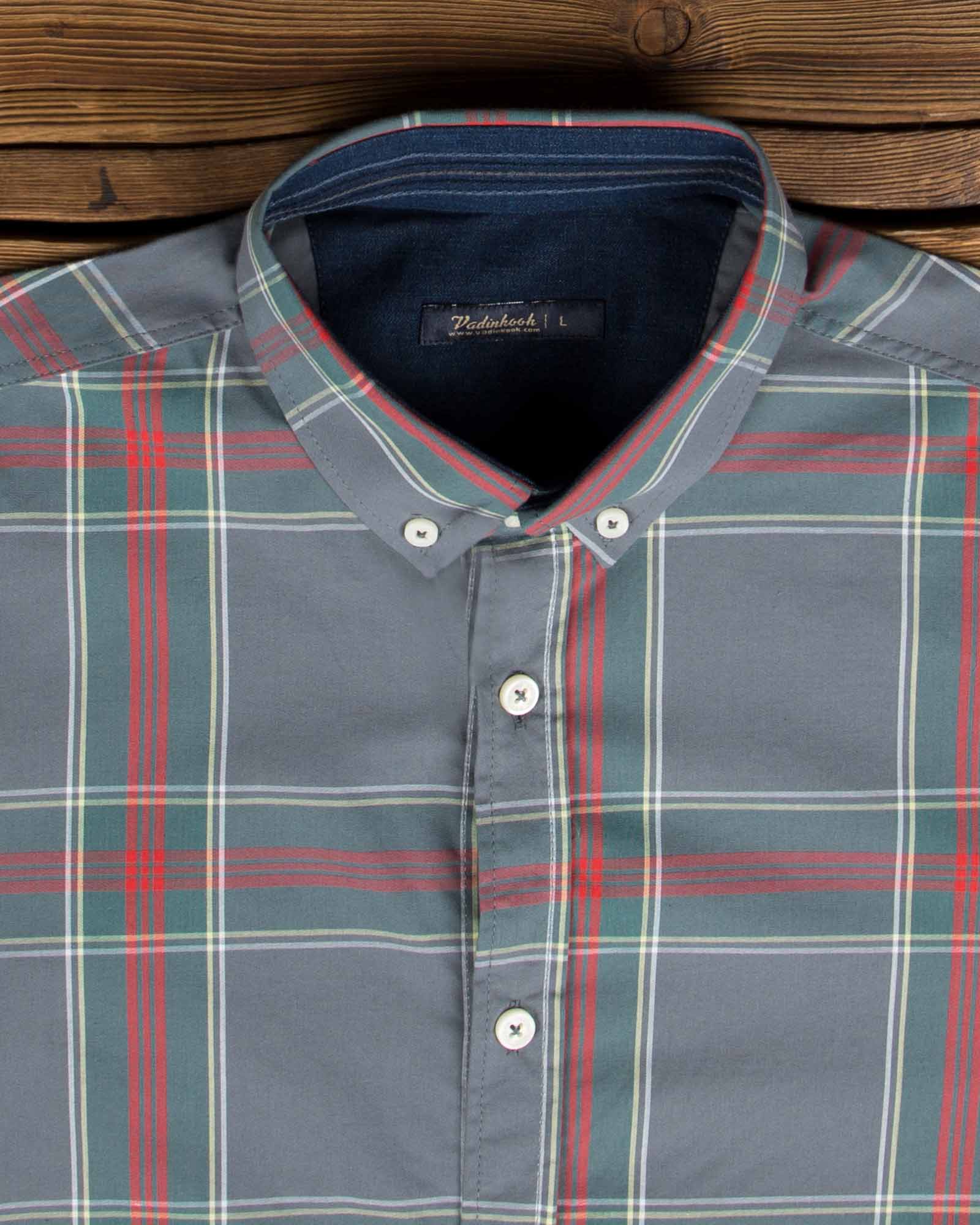 پیراهن مردانه چهارخانه درشت - طوسی - یقه مردانه پیراهن