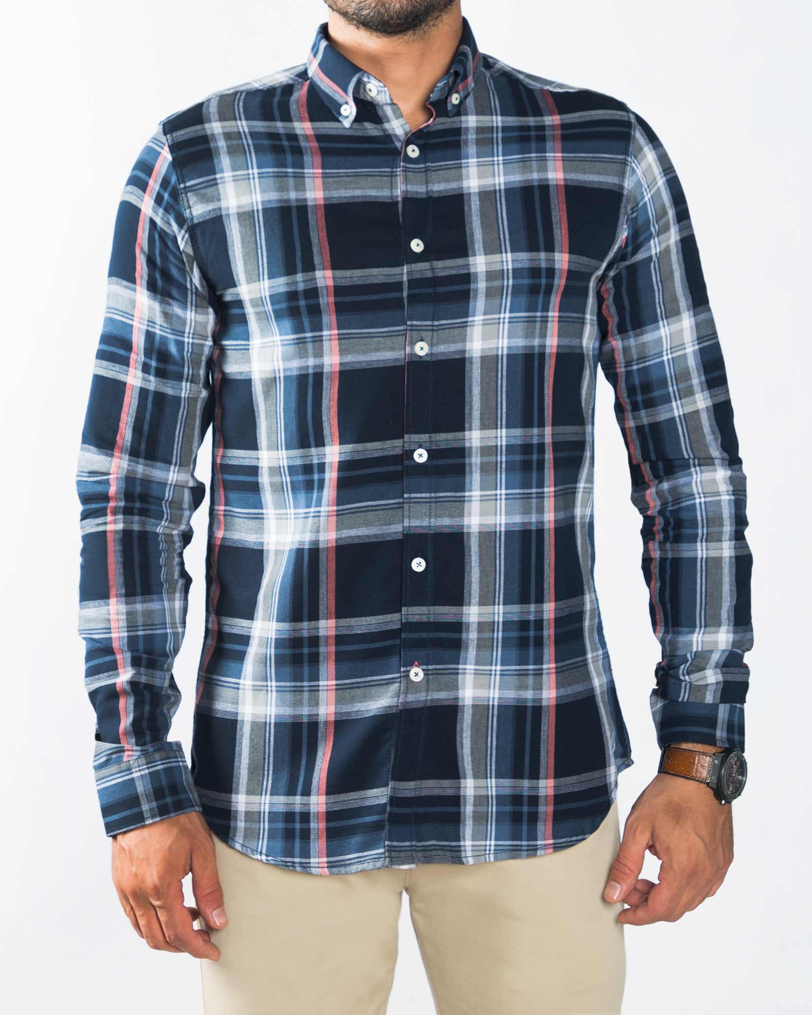 پیراهن مردانه چهارخانه نخی - سرمه ای - رو به رو