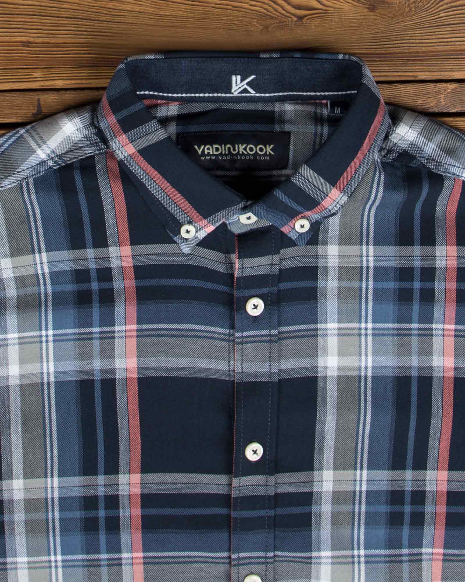 پیراهن مردانه چهارخانه نخی - سرمه ای - یقه مردانه پیراهن