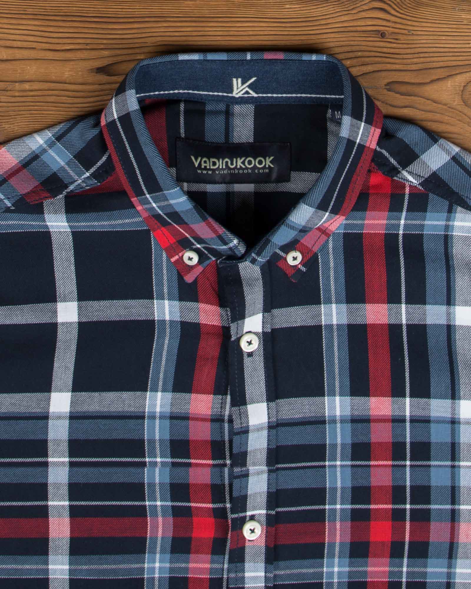 پیراهن نخی چهارخانه مردانه اسپرت - سرمه ای - یقه