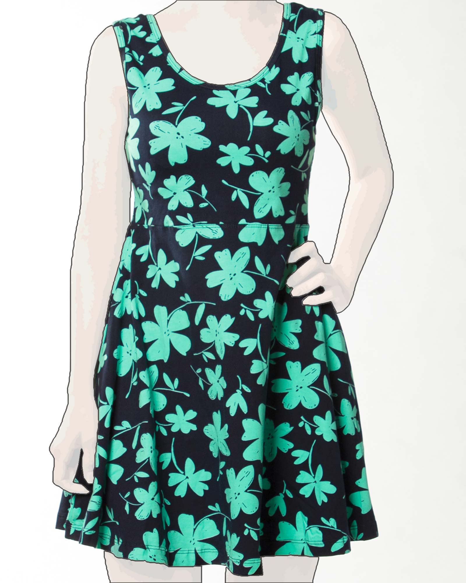 پیراهن نخی گلدار کوتاه زنانه - فیروزه ای -پشت