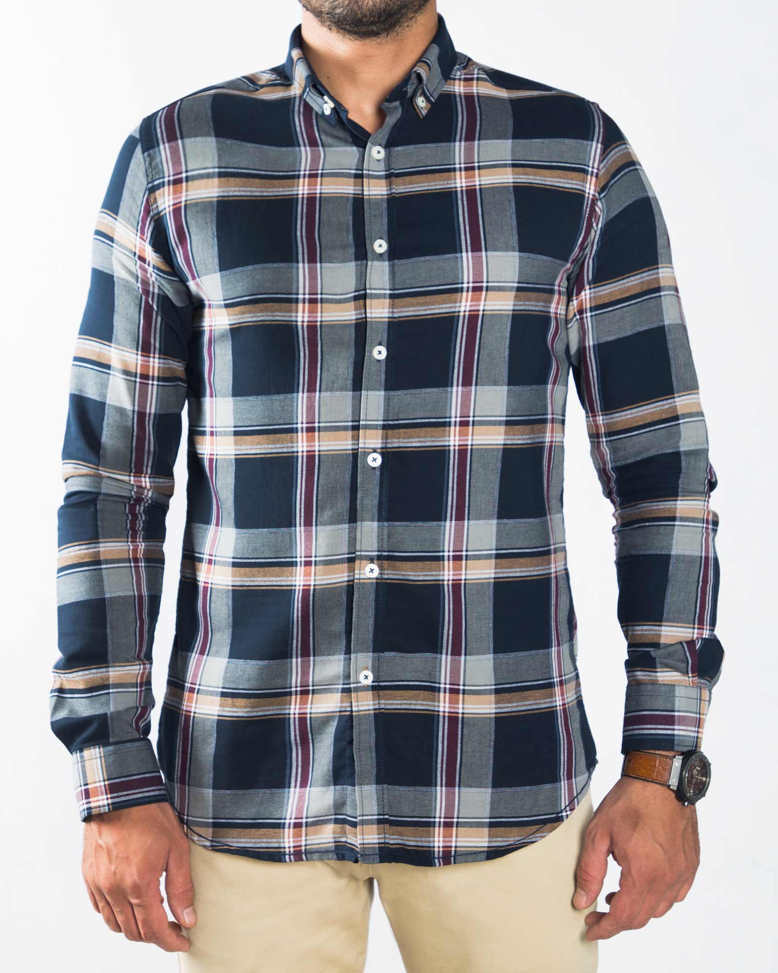 پیراهن چهارخانه مردانه اسپرت - سرمه ای - رو به رو