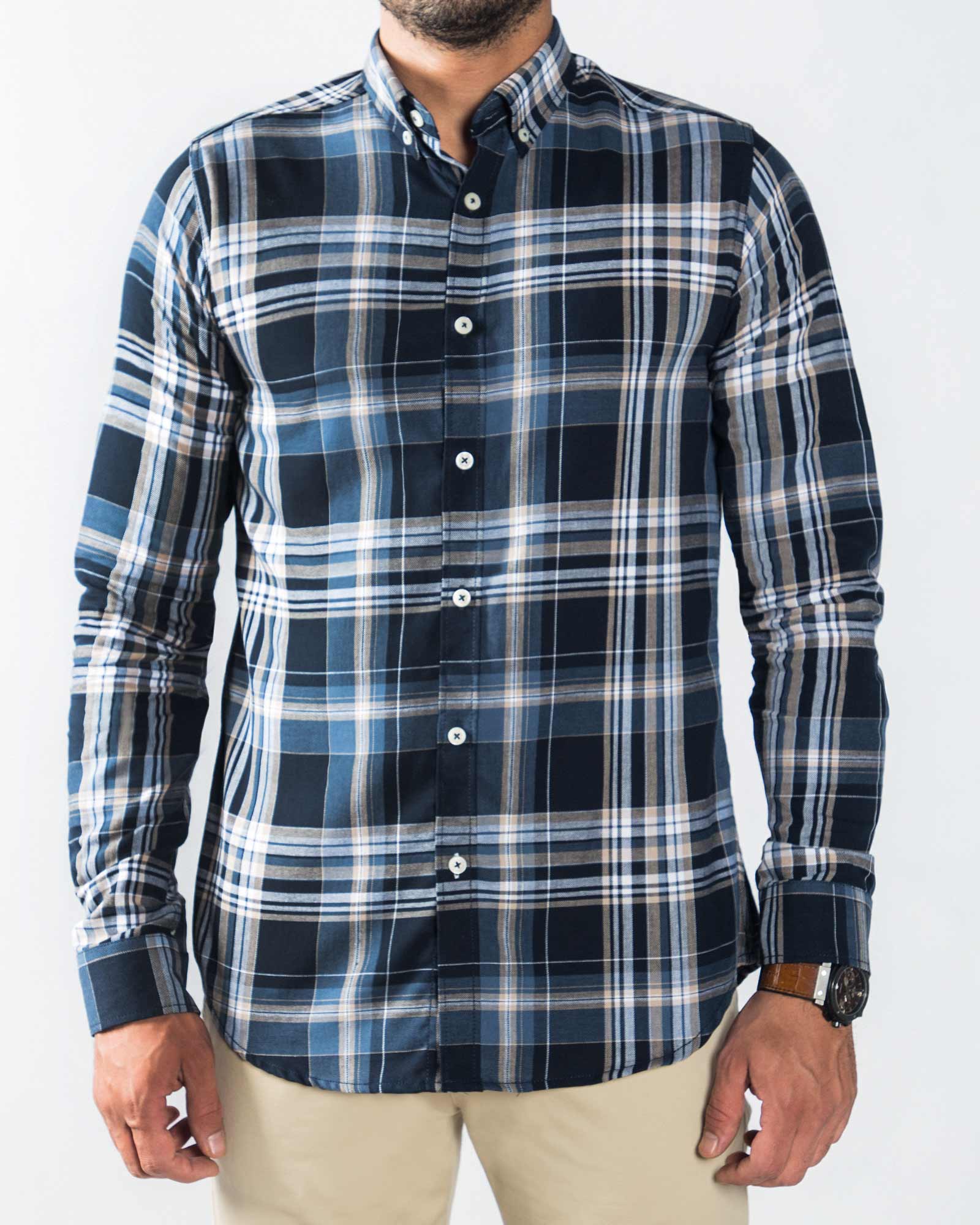 پیراهن چهارخانه مردانه نخی - سرمه ای - رو به رو
