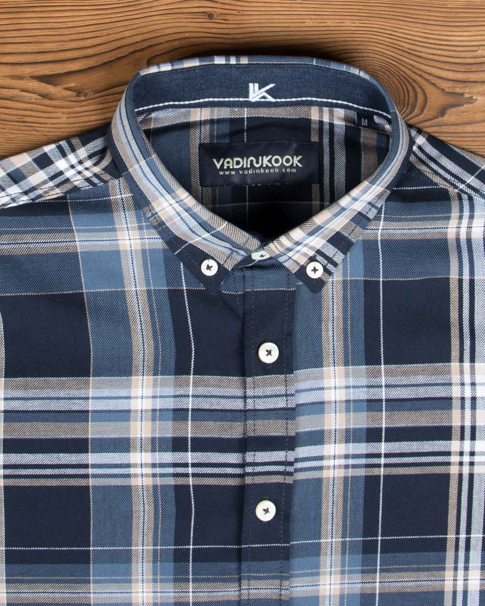 پیراهن چهارخانه مردانه نخی - سرمه ای - یقه مردانه پیراهن