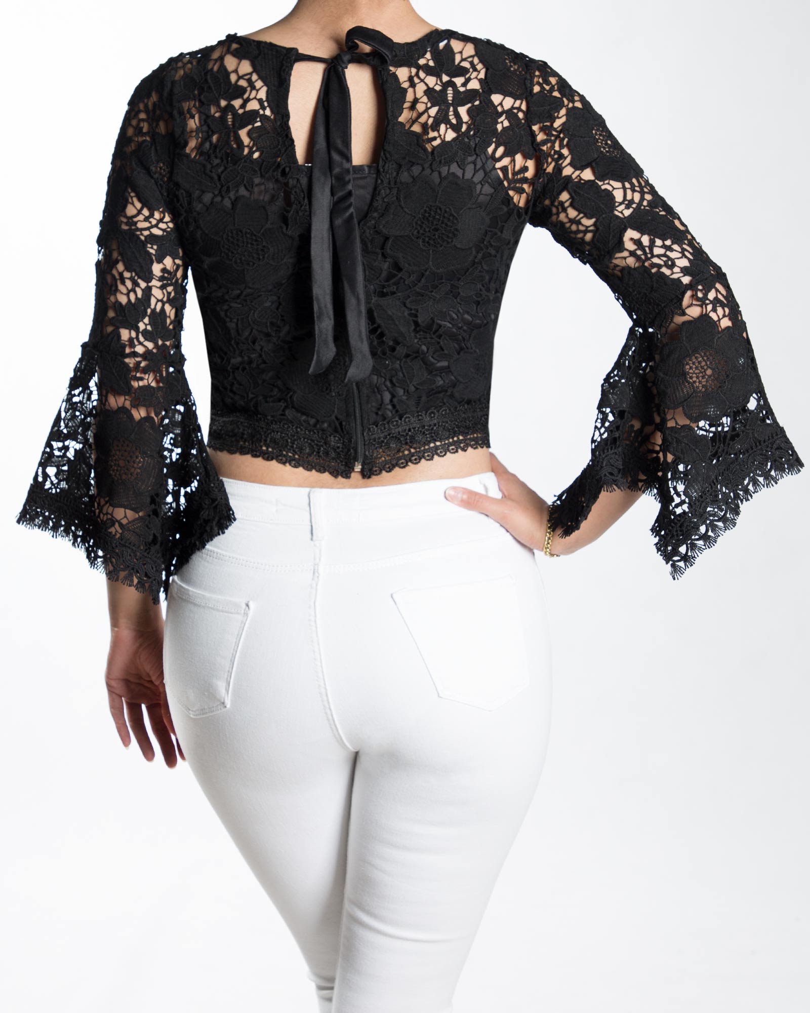 بلوز کوتاه گیپور مجلسی مشکی زنانه - مشکی - پشت