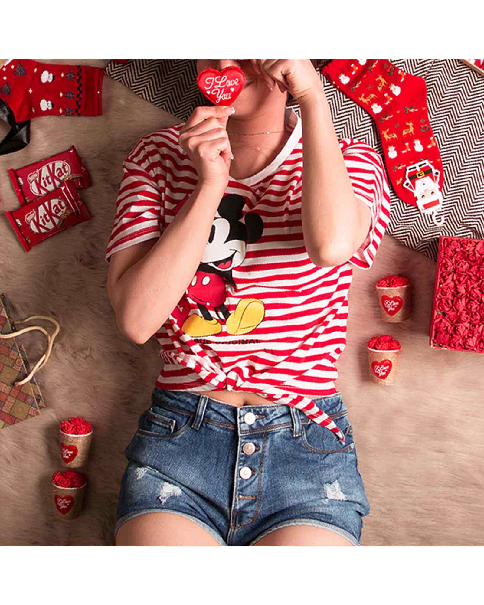 تیشرت گره ای راه راه فانتزی دخترانه - قرمز - مدل