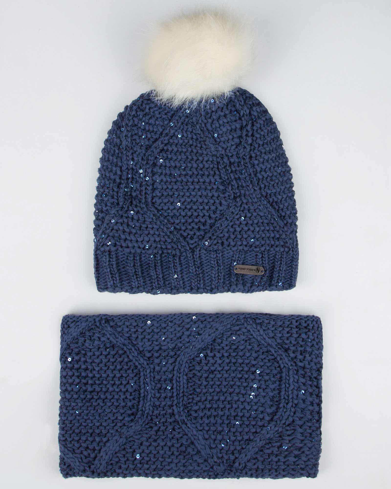 ست کلاه شال گردن رینگی پولک دار زنانه - آبی تیره - رو به رو