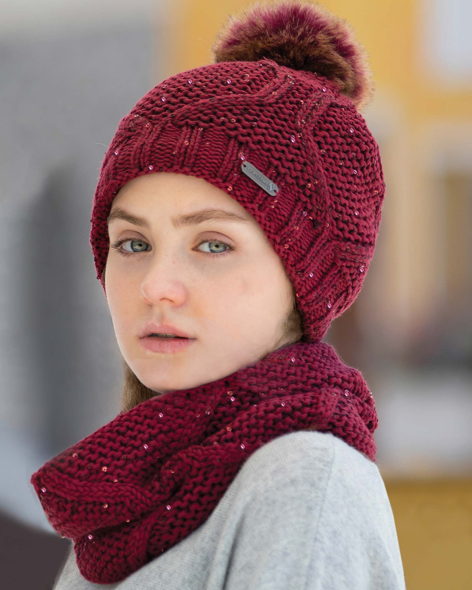 ست کلاه شال گردن رینگی پولک دار زنانه - زرشکی - دخترانه