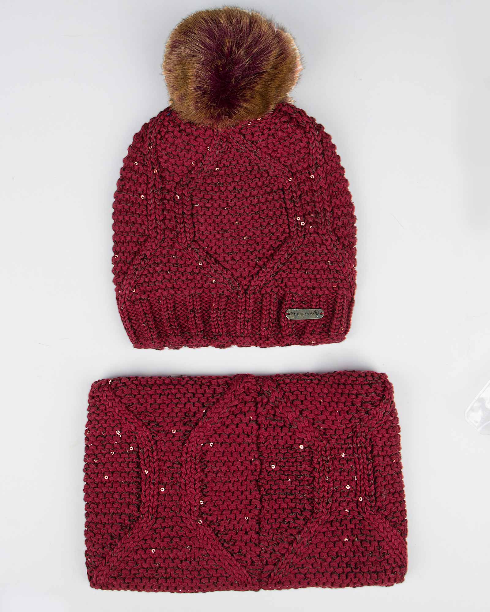 ست کلاه شال گردن رینگی پولک دار زنانه - زرشکی - رو به رو