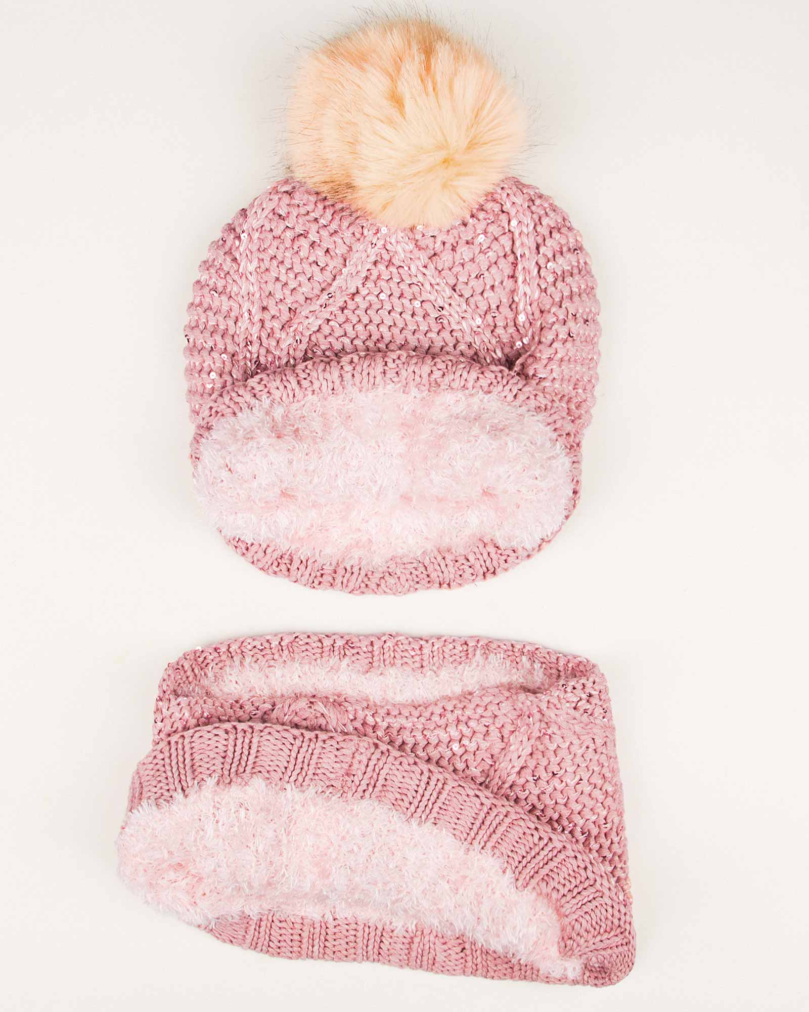 ست کلاه شال گردن رینگی پولک دار زنانه - صورتی کثیف - تو کرک