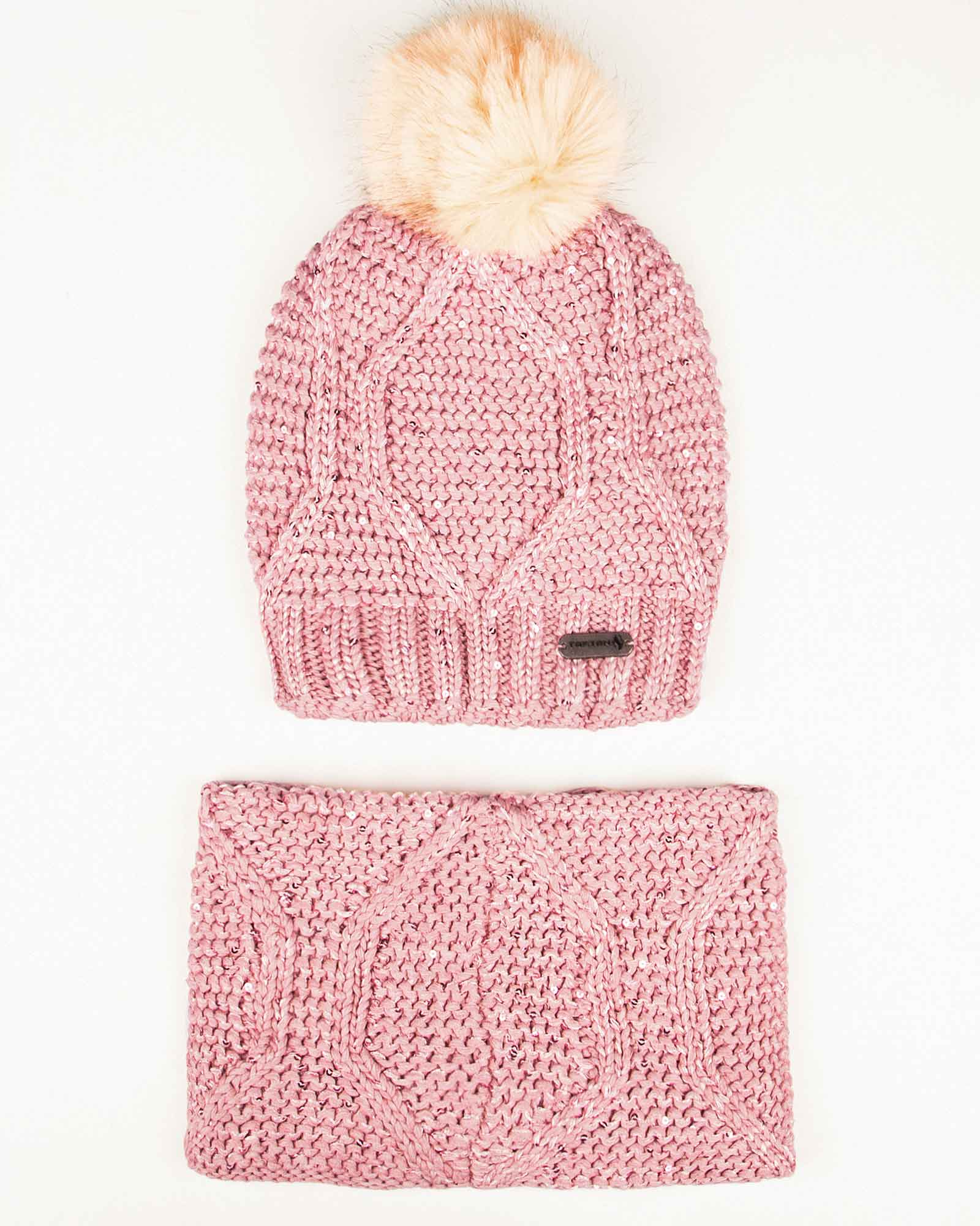 ست کلاه شال گردن رینگی پولک دار زنانه - صورتی کثیف - رو به رو