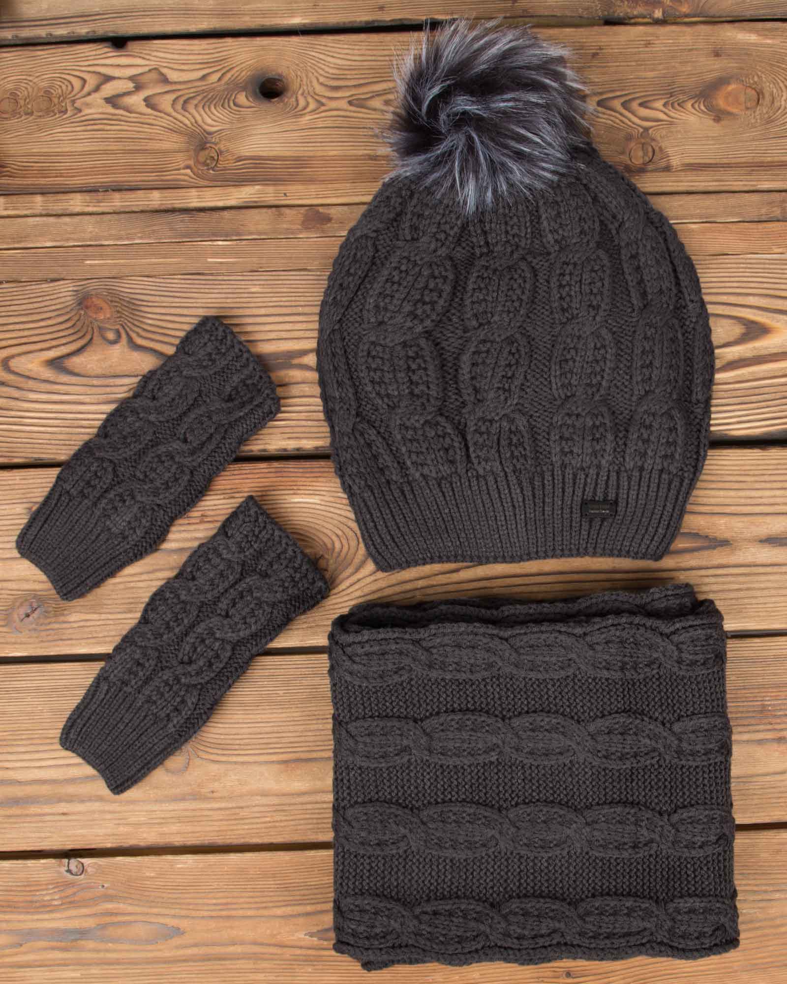 ست کلاه و شال گردن بافت و دستکش بدون انگشت - خاکستری - رو به رو