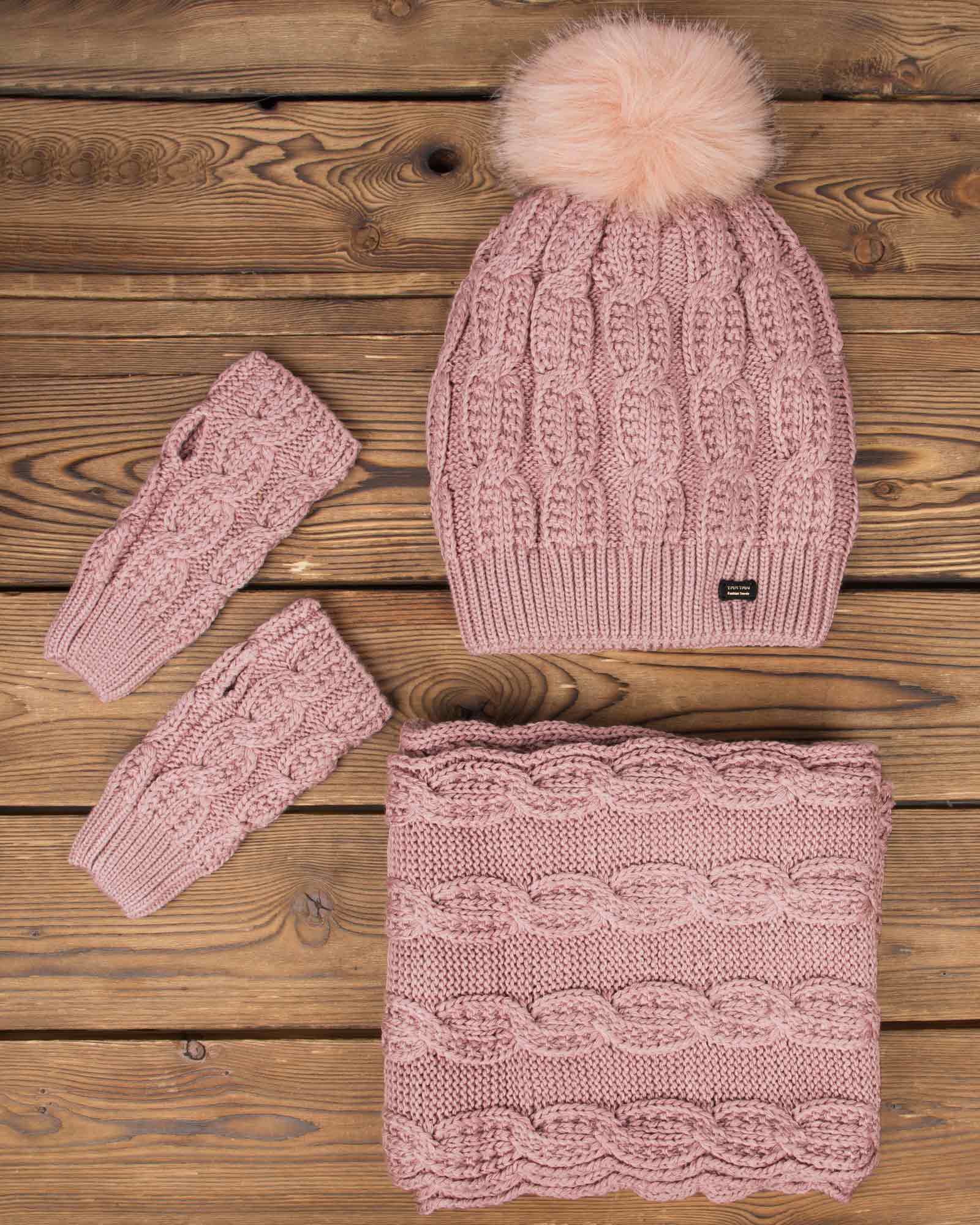 ست کلاه و شال گردن بافت و دستکش بدون انگشت - صورتی کثیف - رو به رو