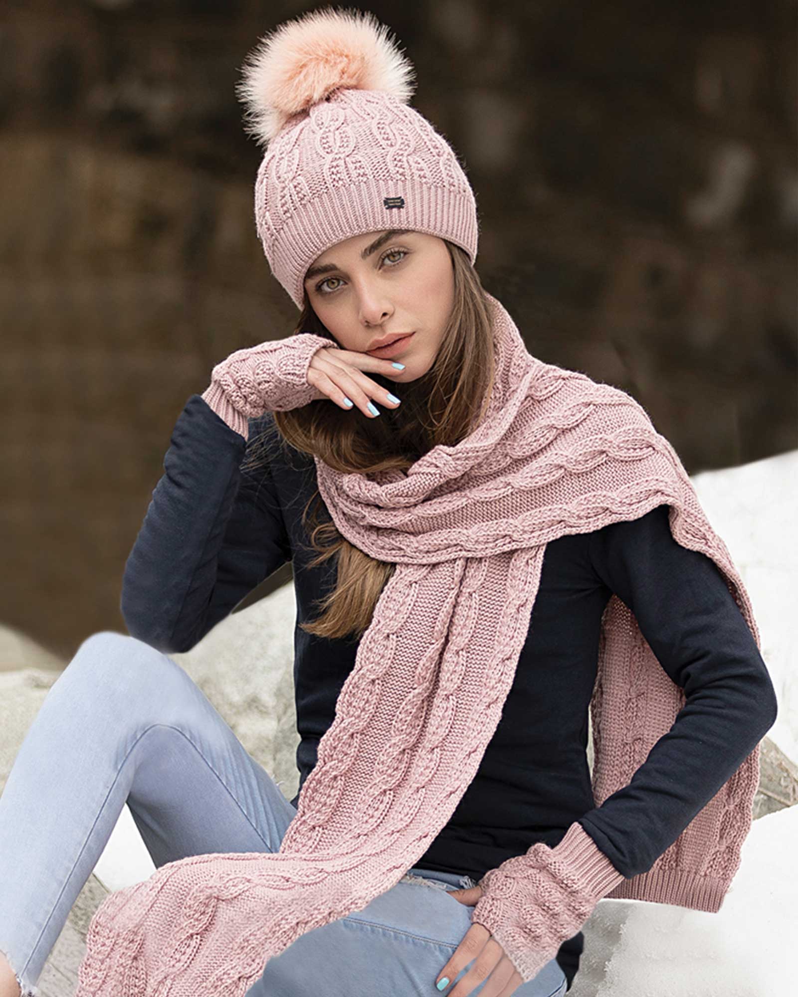 ست کلاه و شال گردن بافت و دستکش بدون انگشت - صورتی کثیف - زنانه