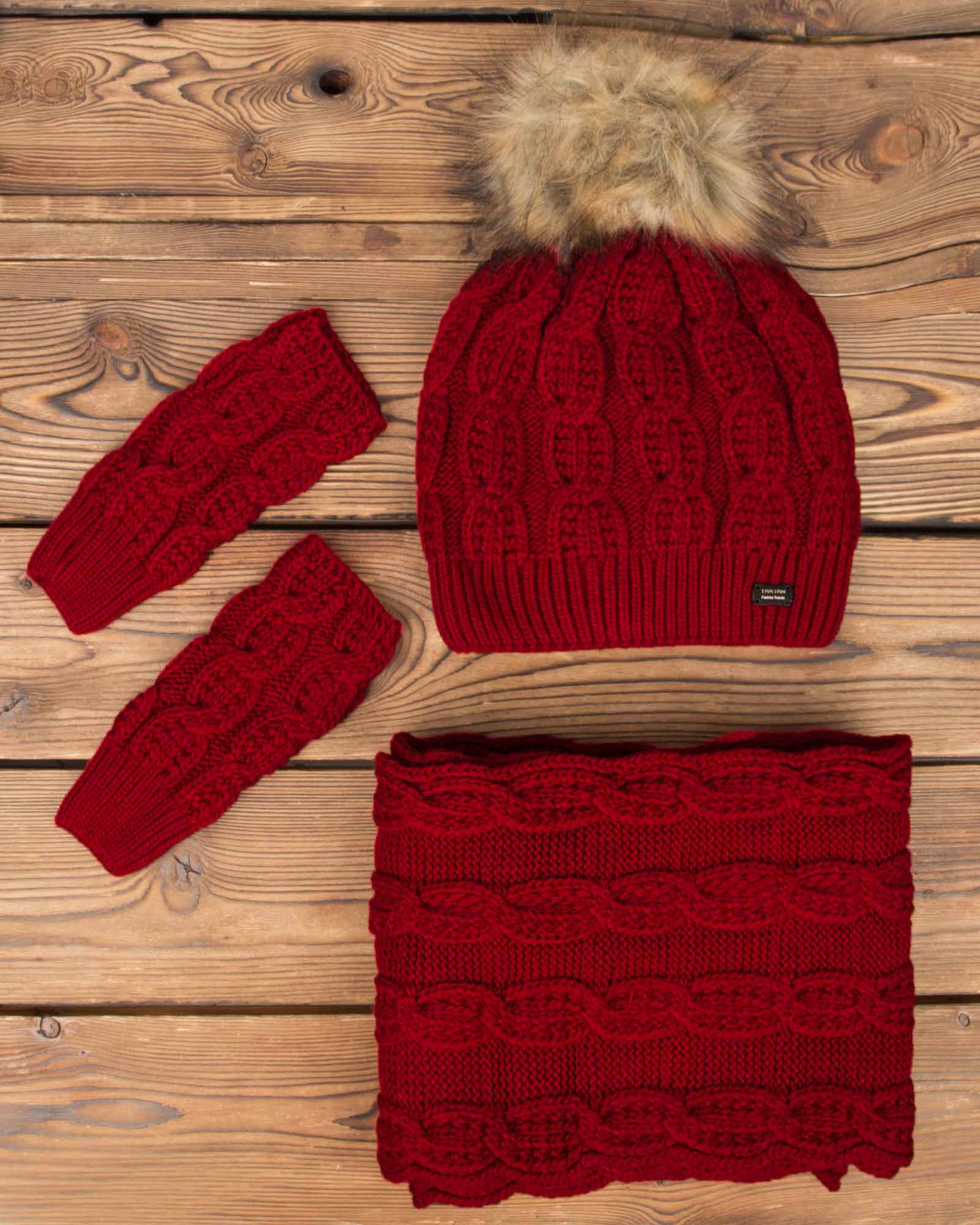 ست کلاه و شال گردن بافت و دستکش بدون انگشت - قرمز - رو به رو