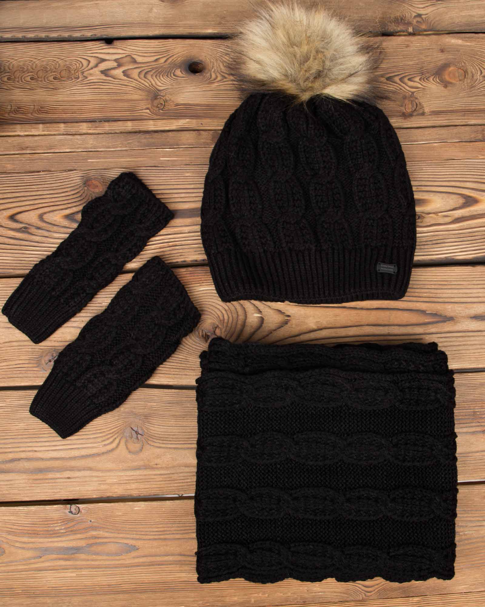 ست کلاه و شال گردن بافت و دستکش بدون انگشت - مشکی - رو به رو