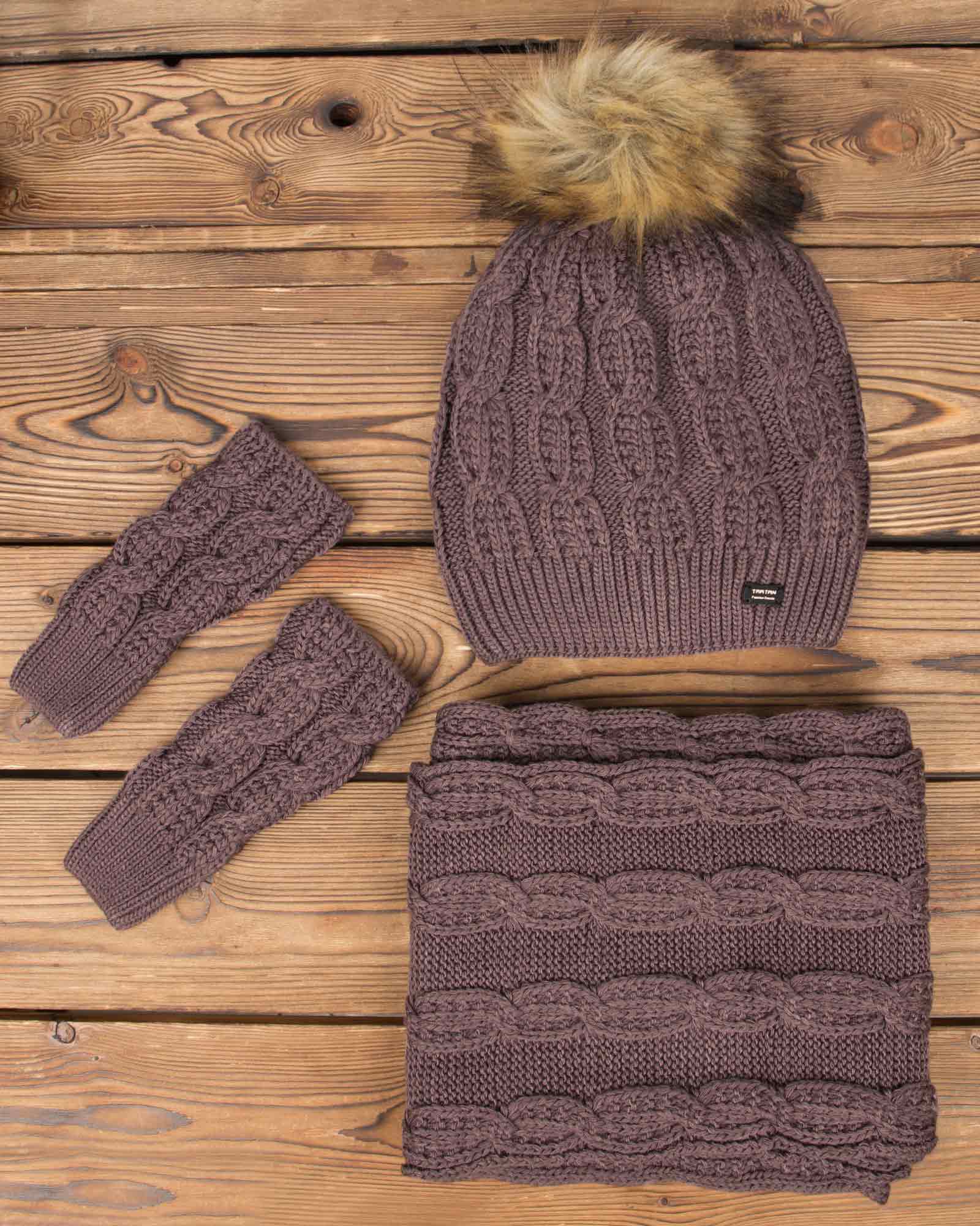 ست کلاه و شال گردن بافت و دستکش بدون انگشت - کالباسی تیره - رو به رو