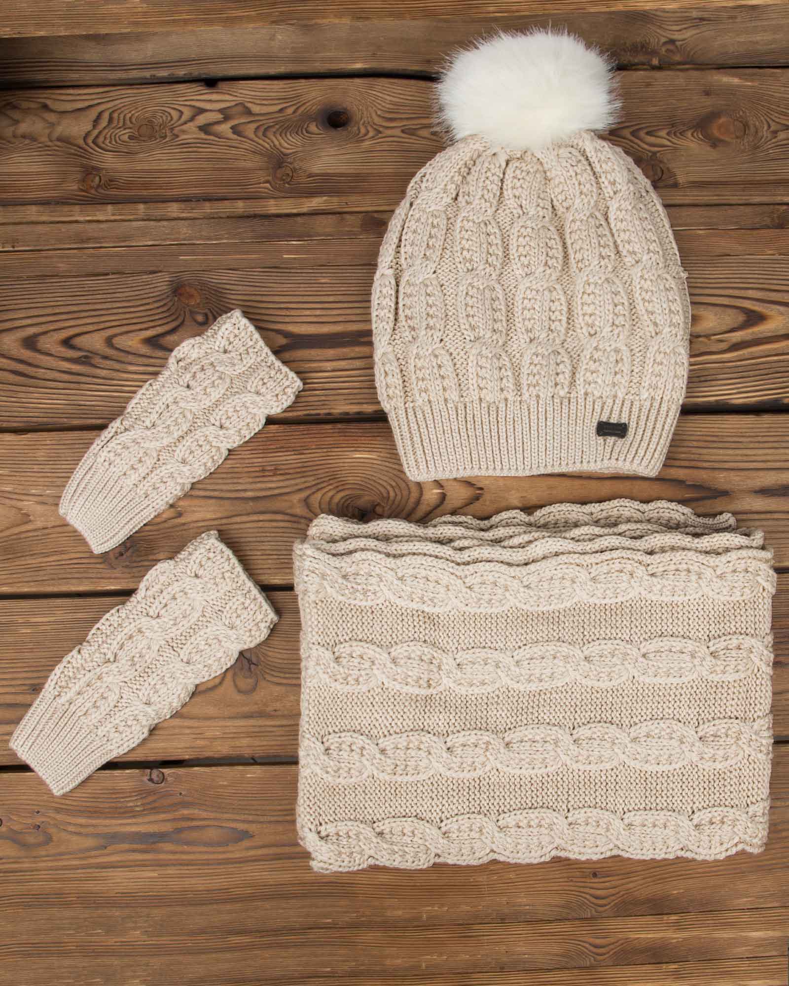 ست کلاه و شال گردن بافت و دستکش بدون انگشت - کرمی - رو به رو