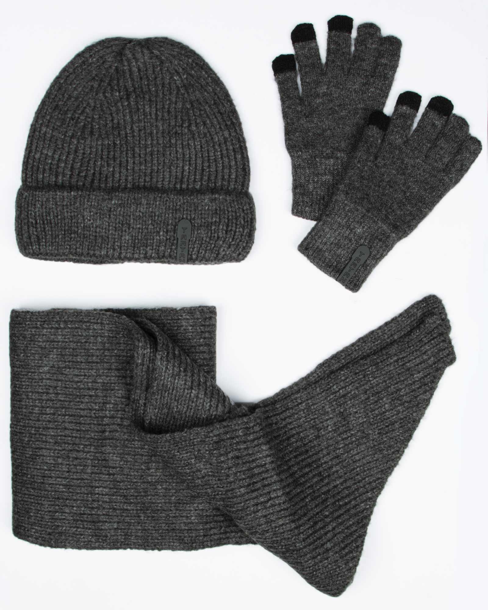 ست کلاه و شال گردن و دستکش بافت ساده - خاکستری تیره - رو به رو