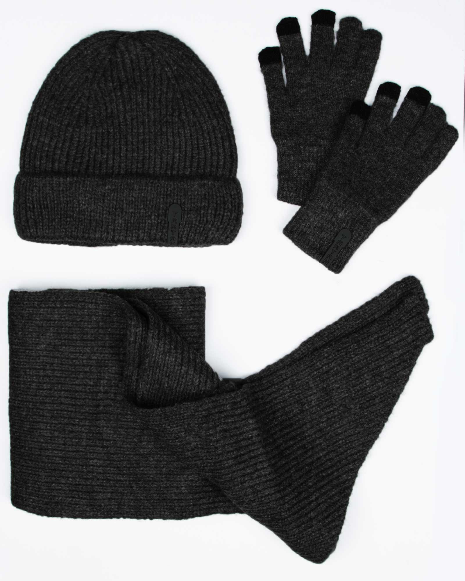 ست کلاه و شال گردن و دستکش بافت ساده - دودی تیره - رو به رو