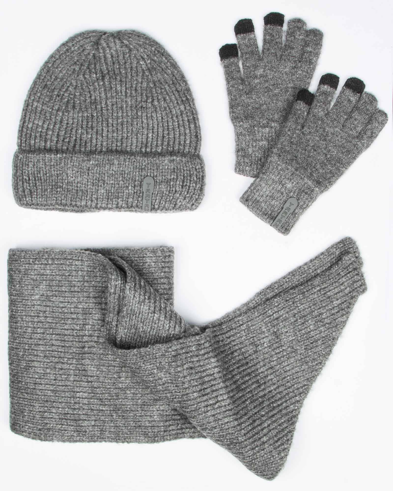 ست کلاه و شال گردن و دستکش بافت ساده - طوسی - رو به رو