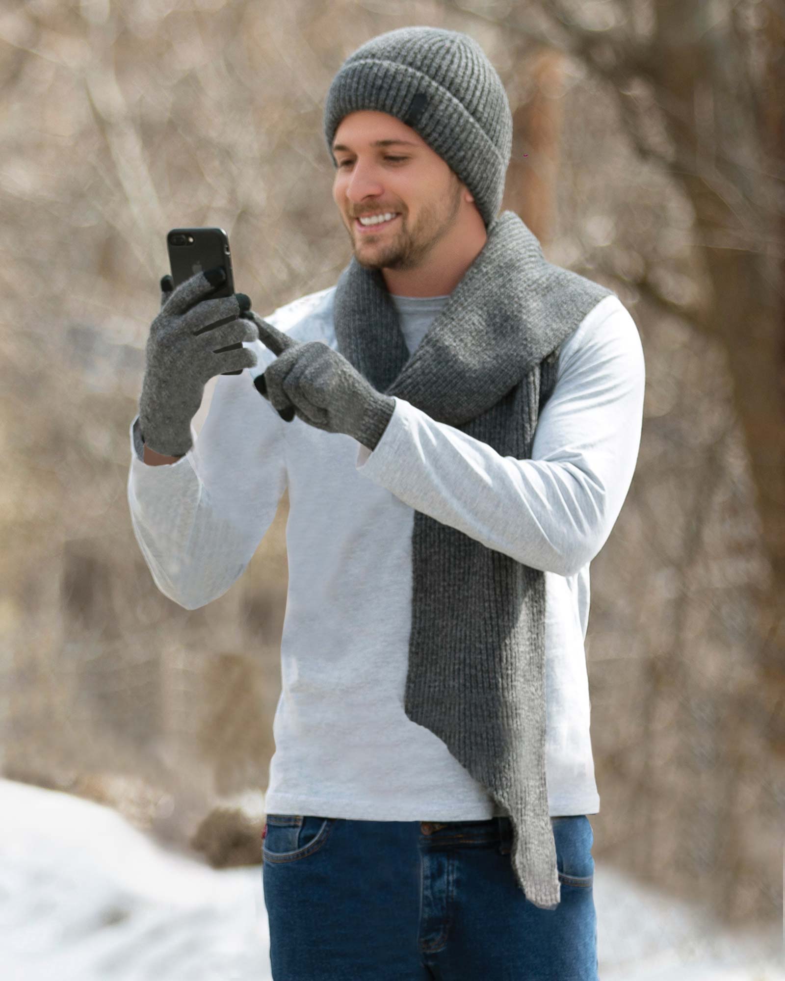 ست کلاه و شال گردن و دستکش بافت ساده - طوسی - محیطی مردانه