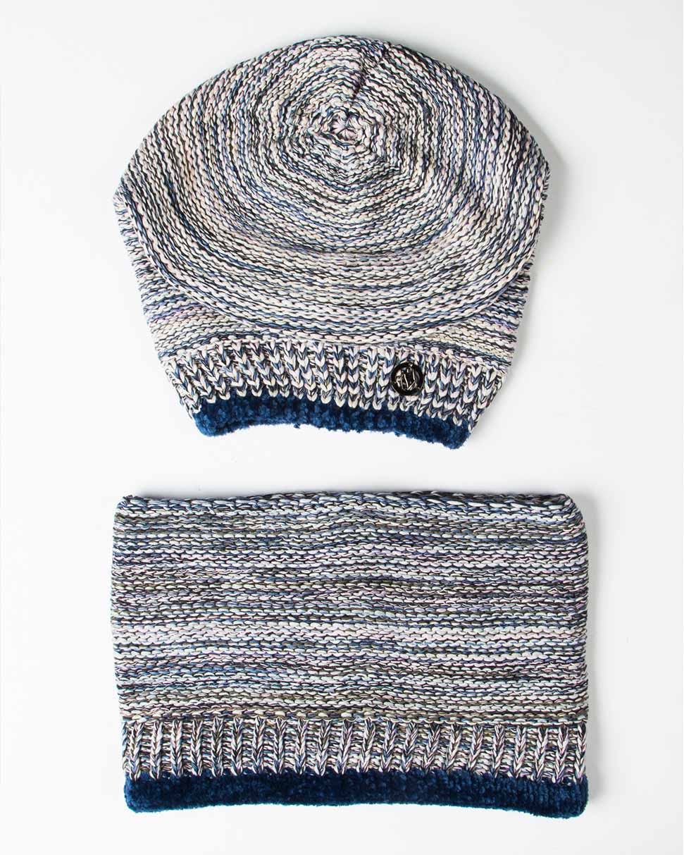 ست کلاه کج و شال گردن رینگی بافت - سرمه ای - رو به رو