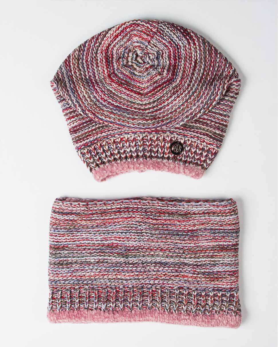 ست کلاه کج و شال گردن رینگی بافت - صورتی - رو به رو