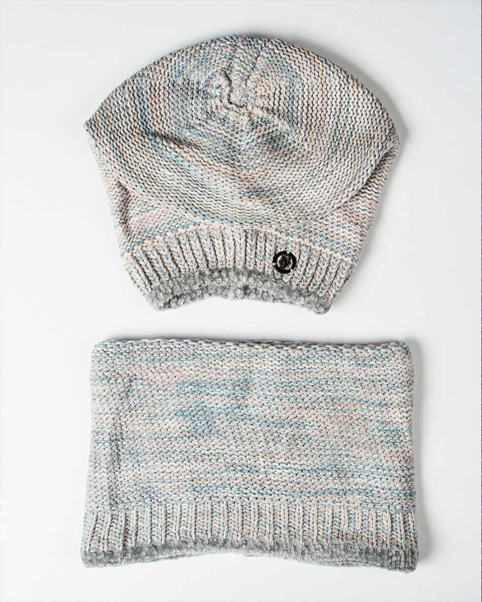 ست کلاه کج و شال گردن رینگی بافت - طوسی - رو به رو