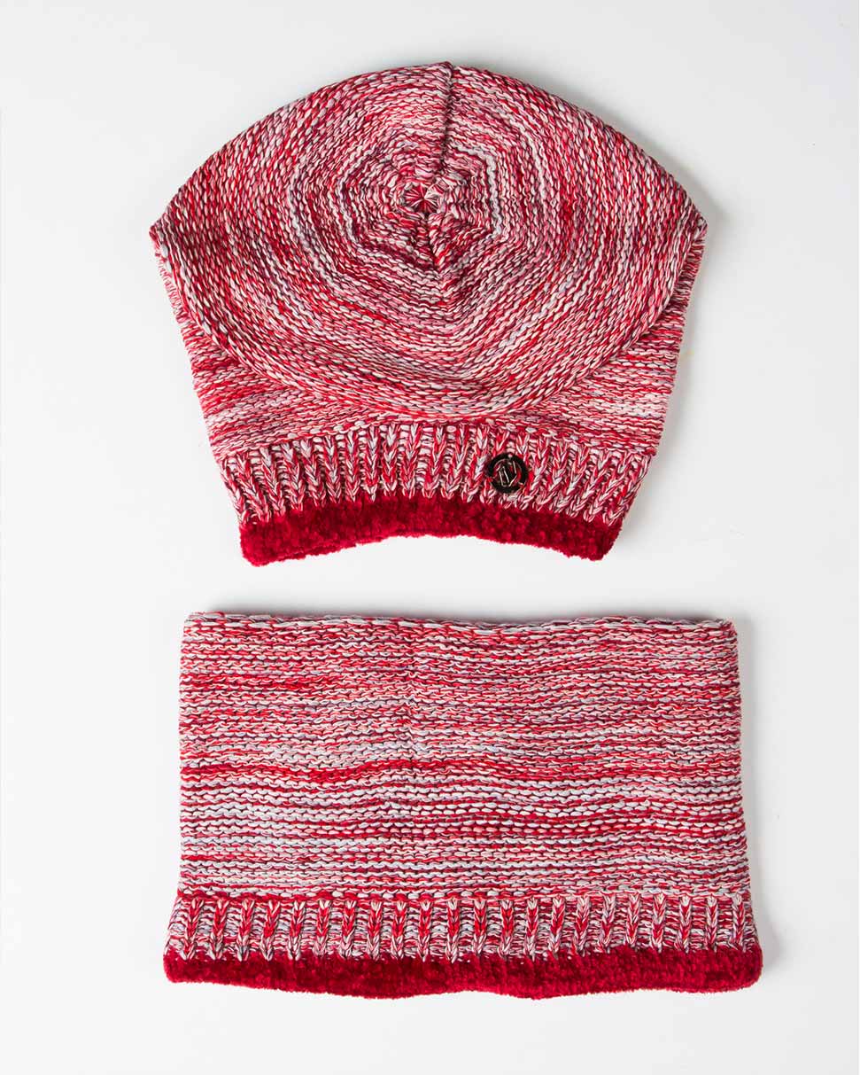 ست کلاه کج و شال گردن رینگی بافت - قرمز - رو به رو