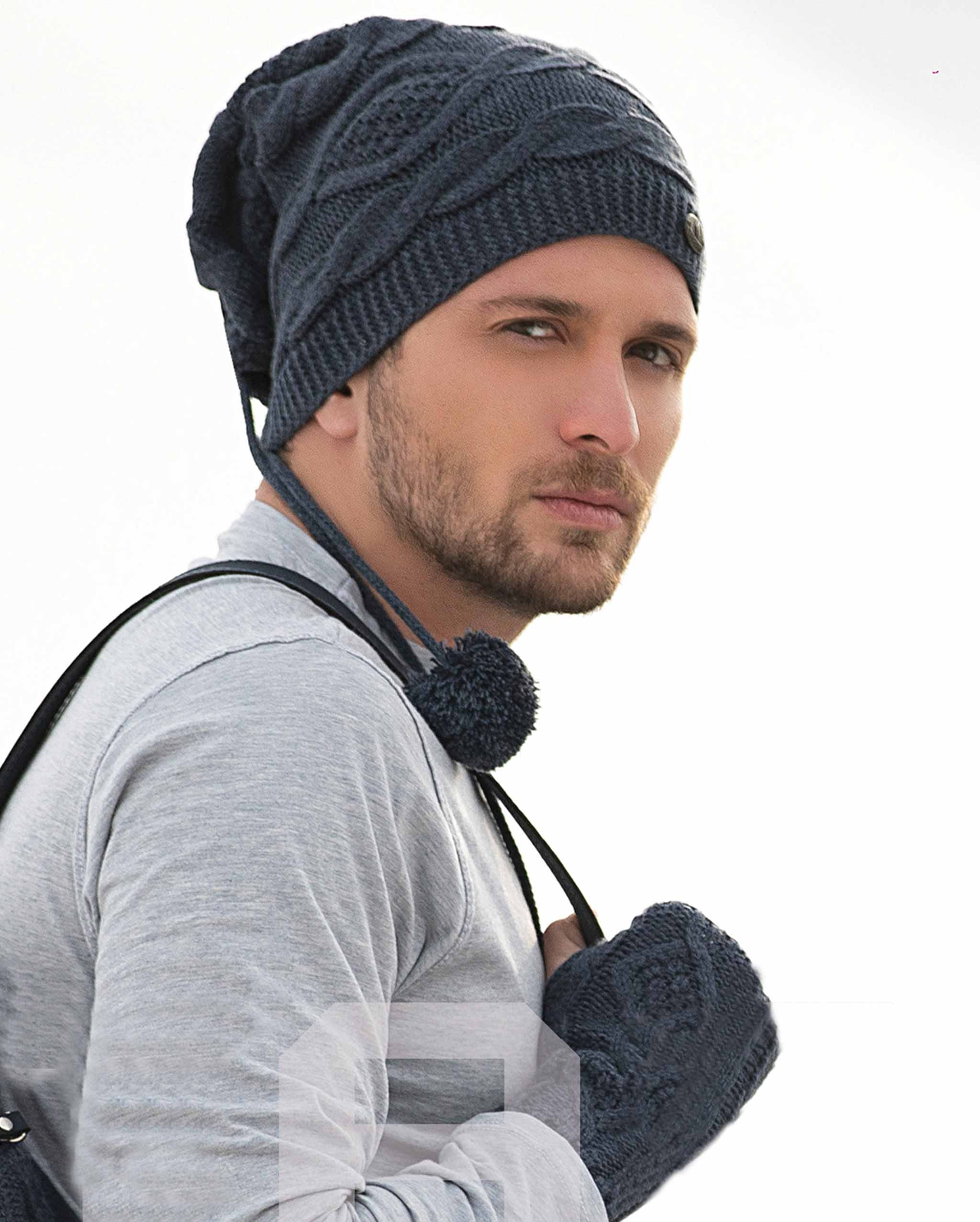 ست کلاه گردنی و دست پوش بافت - آبی تیره - محیطی مردانه