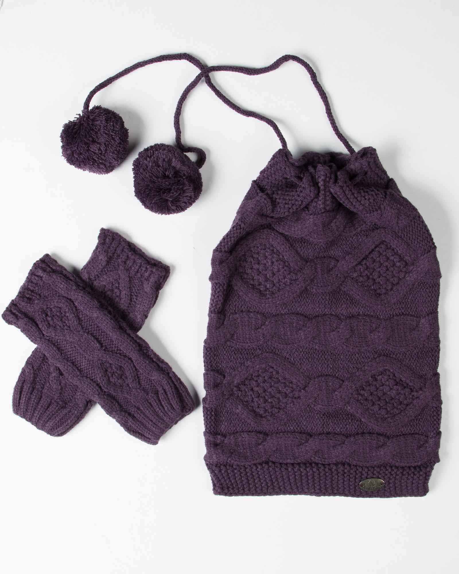 ست کلاه گردنی و دست پوش بافت - بنفش - رو به رو