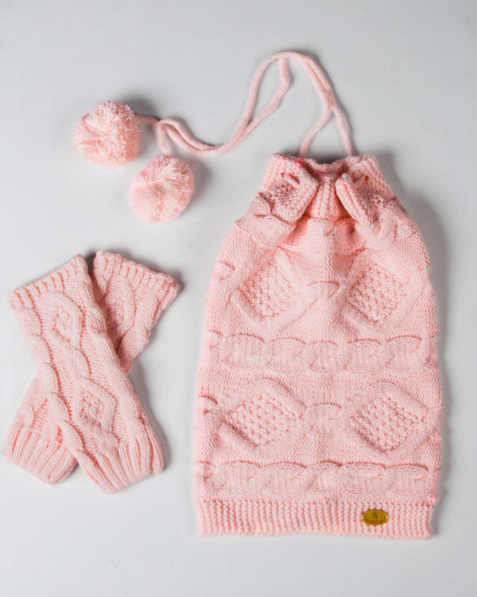 ست کلاه گردنی و دست پوش بافت - صورتی - رو به رو