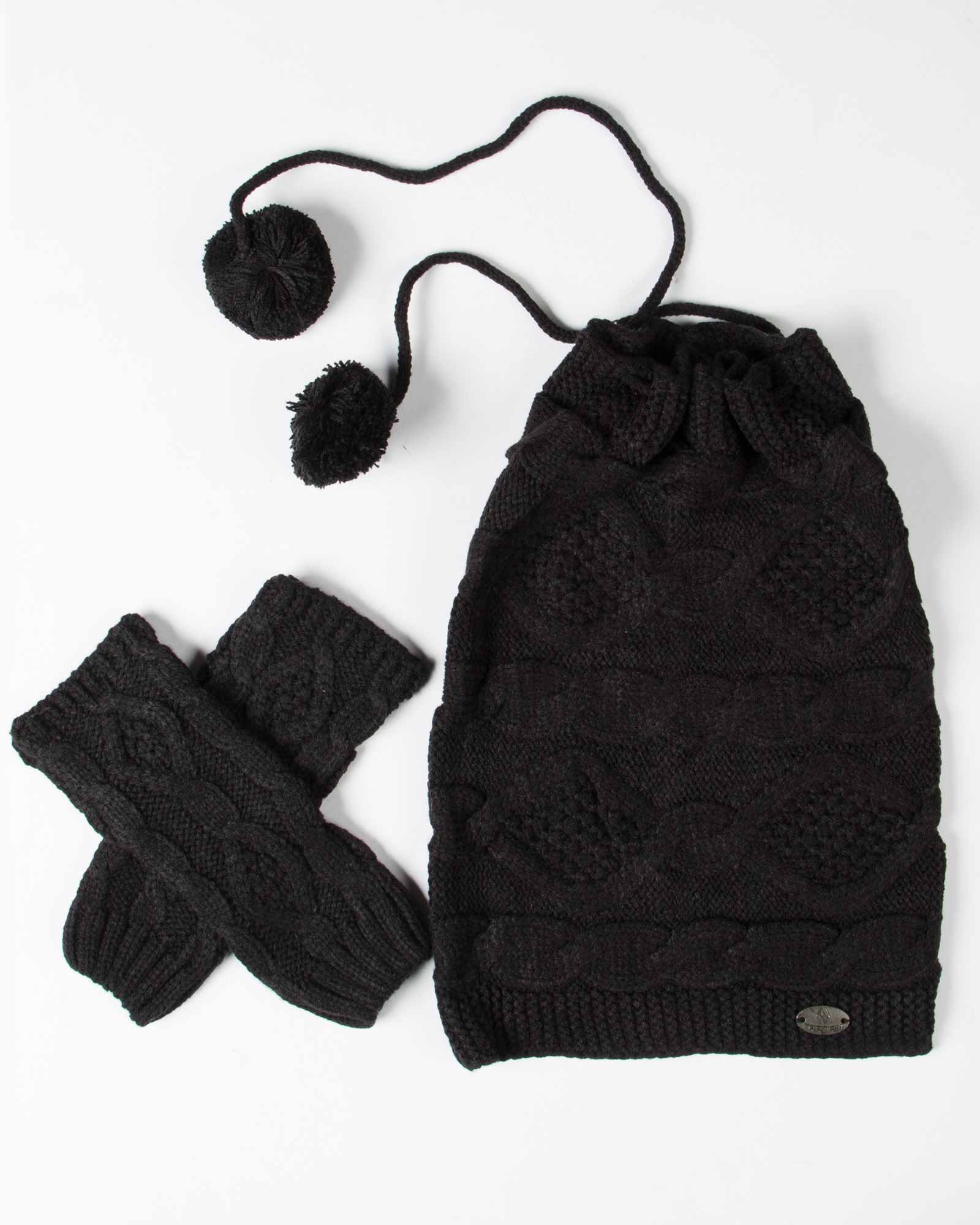 ست کلاه گردنی و دست پوش بافت - مشکی - رو به رو