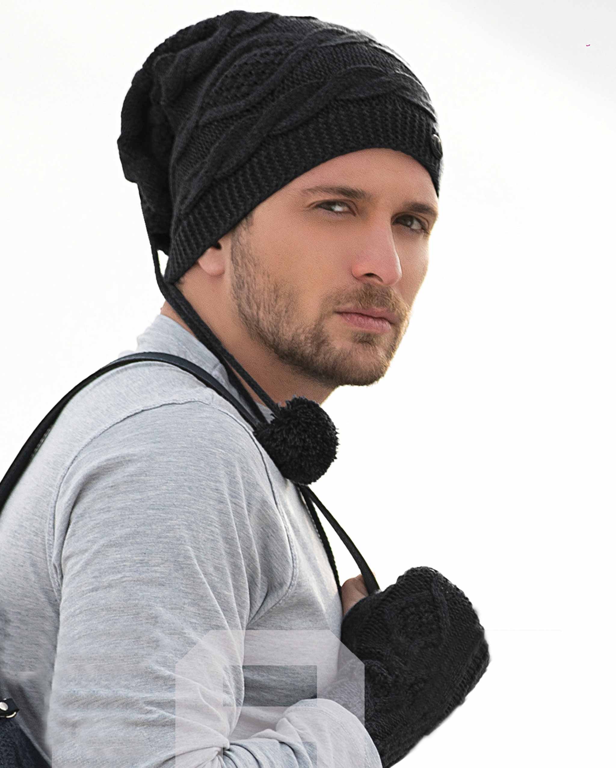 ست کلاه گردنی و دست پوش بافت - مشکی - محیطی مردانه