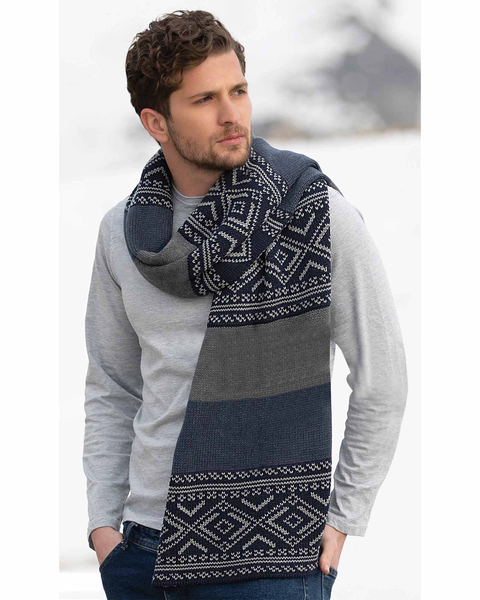 شال گردن بافت طرح دار - سرمه ای تیره - مردانه