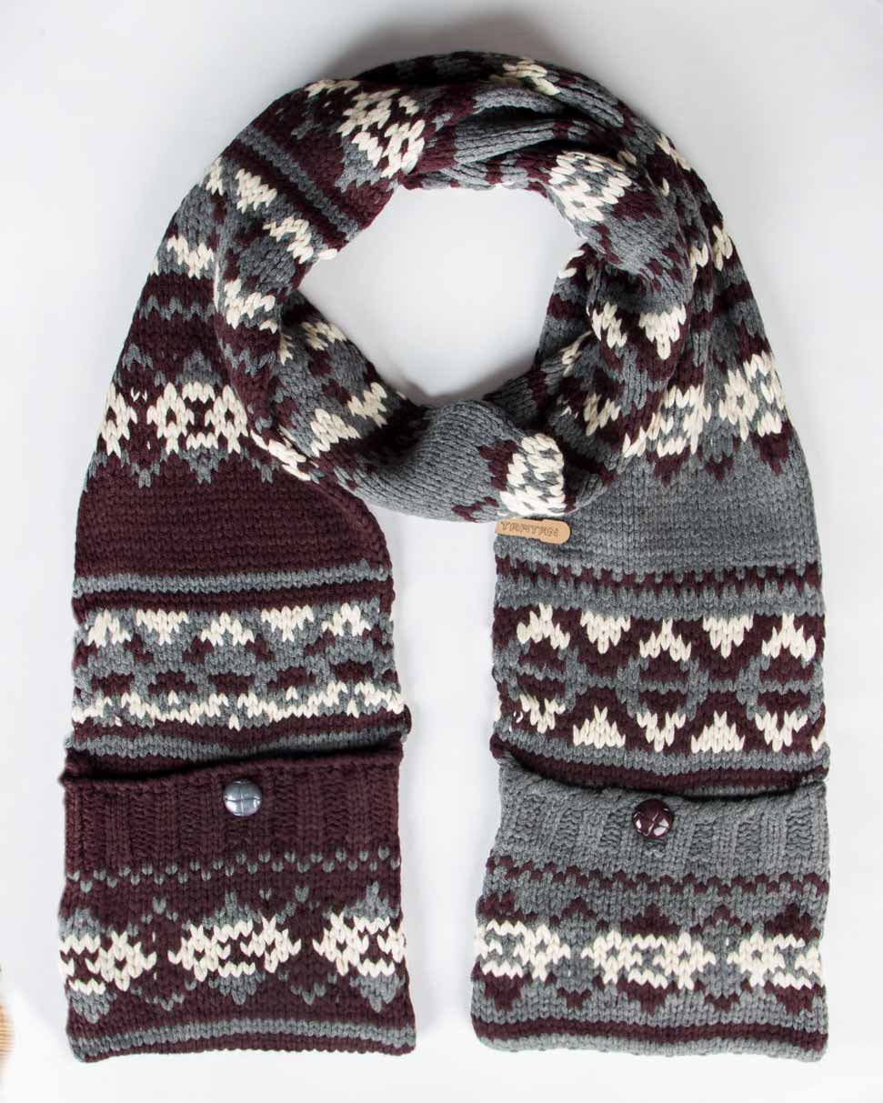 شال گردن طرح دار بافت جیب دار - دودی - رو به رو