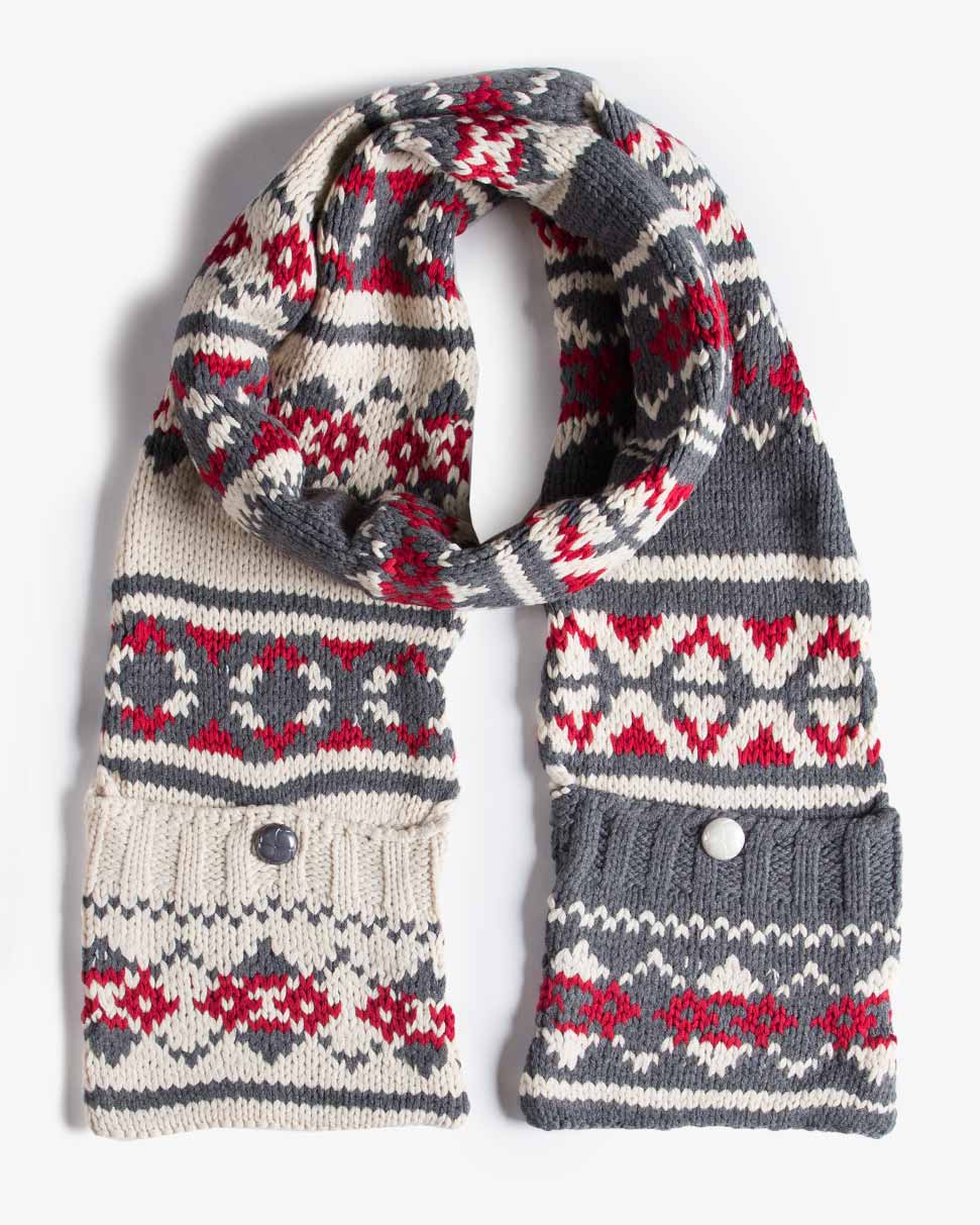 شال گردن طرح دار بافت جیب دار - کرمی - رو به رو