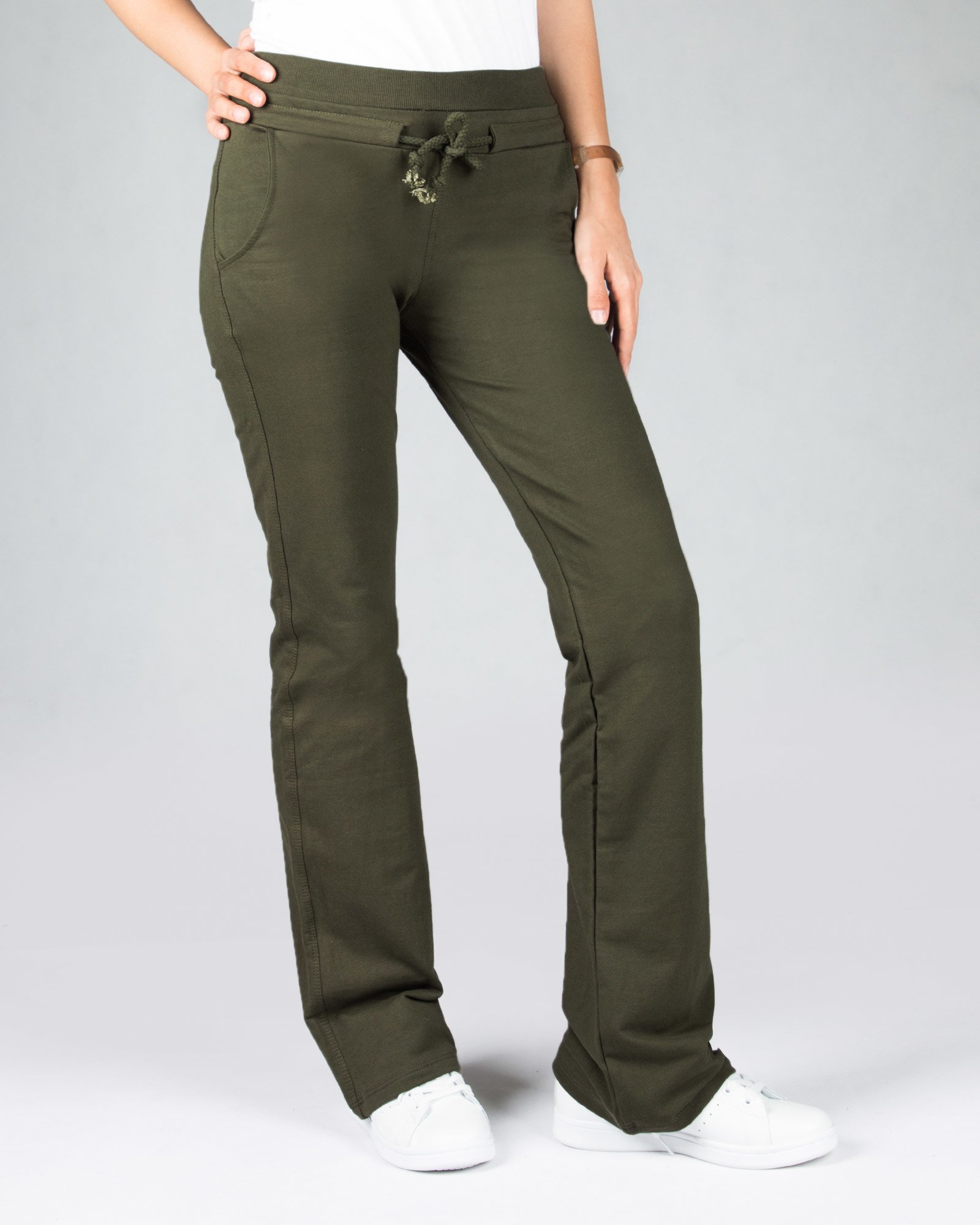 شلوار اسپرت نخی ساده زنانه - زیتونی - رو به رو