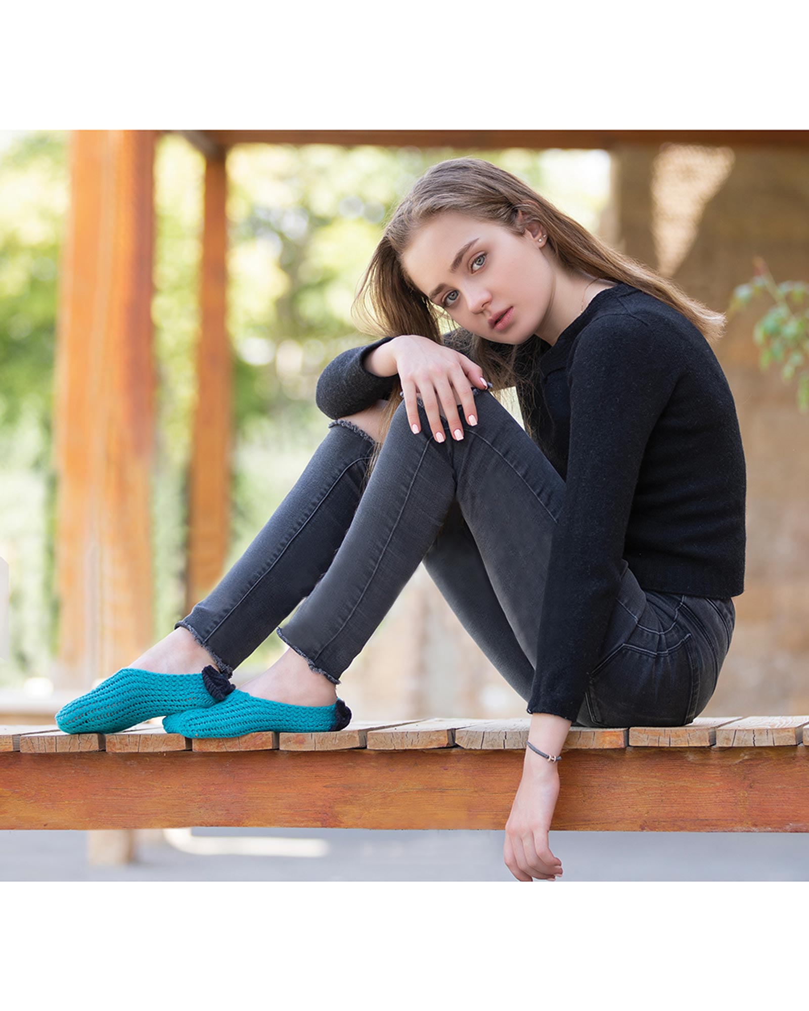 پاپوش بافت دخترانه پاپیون دار - سبزآبی - بچه گانه